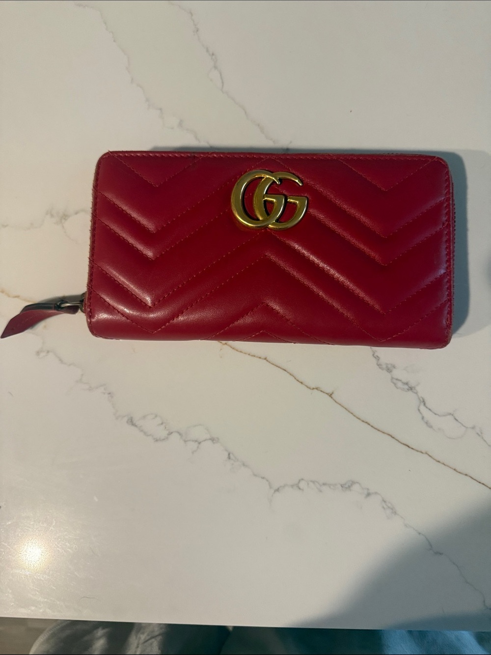 Gucci Red Quilted Chevron Zip-Around Wallet with Double G